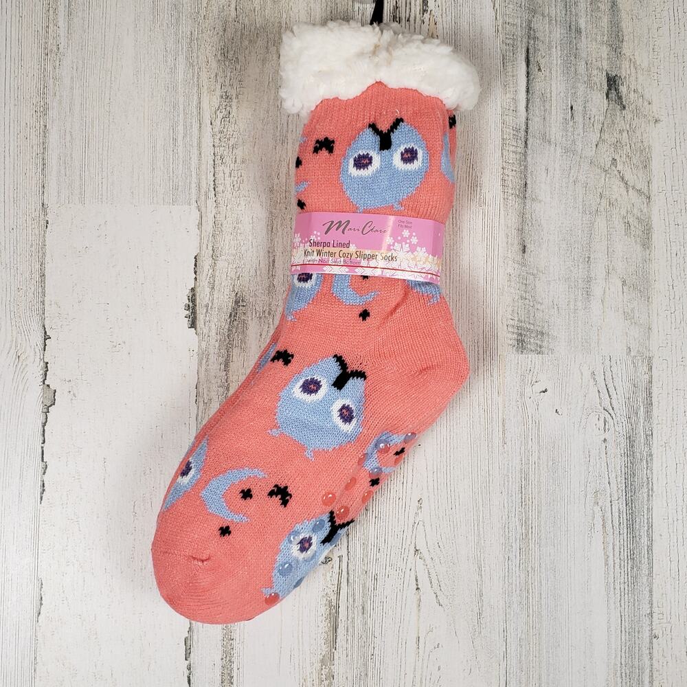 NWT Mari Clare Sherpa Lined Knit Winter Owl Moon Star No-Slip Slipper Socks